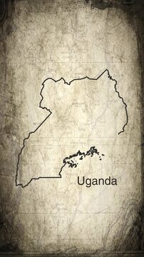 Uganda map animation vertical video drawn on a cartography paper background