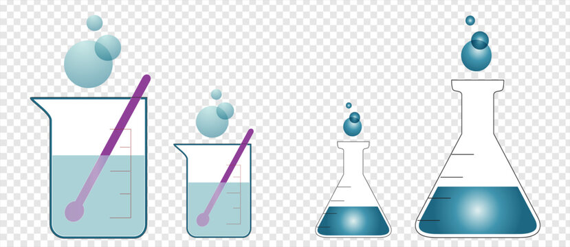 Laboratory Glassware Set, Beakers and Flasks with Liquid and Bubbles