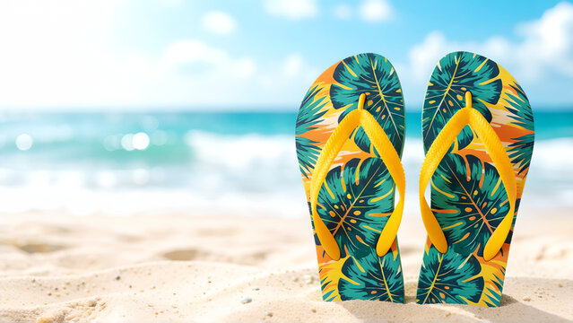 Tropical flip flops standing on a sandy beach with ocean waves in the background.