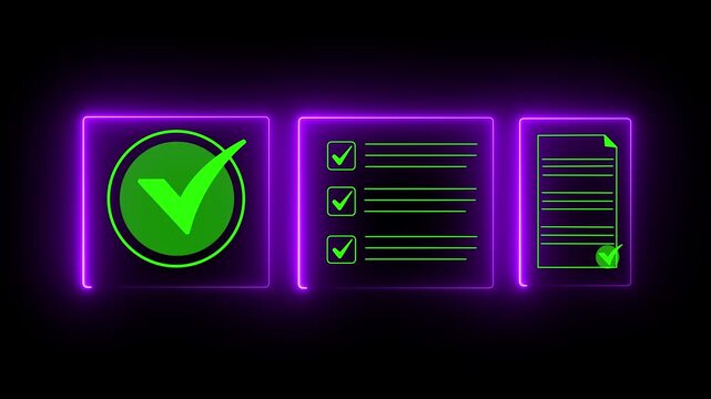 Neon glowing checkmark and checklist animation, task completion and success concept, digital ui on black background