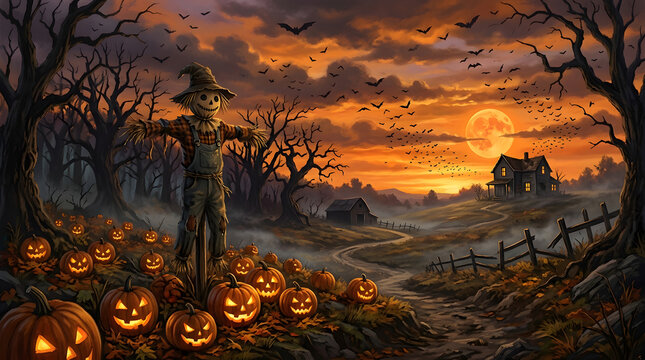A spooky halloween background featuring a scarecrow standing in a pumpkin patch with a haunted house under a glowing orange sunset