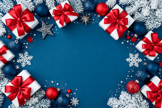 Luxury Christmas Flat Lay Border with White Gift Boxes and Red Ribbons on Royal Blue Background