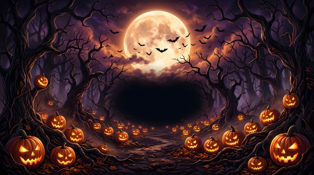A spooky halloween background featuring a giant full moon glowing over a dark forest filled with many carved glowing pumpkins