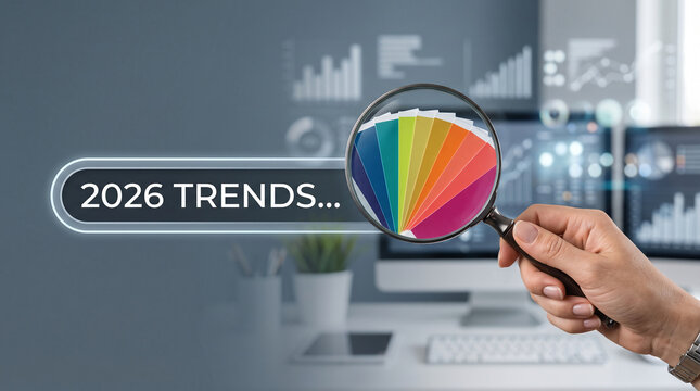 A hand holds a magnifying glass over color swatches within a search bar labeled "2026 TRENDS...", symbolizing research and future planning