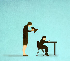 Illustration of woman shouting through megaphone on boy writing at desk