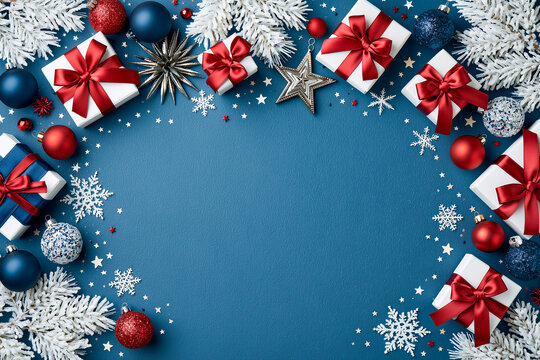 Luxury Christmas Flat Lay Border with White Gift Boxes and Red Ribbons on Royal Blue Background