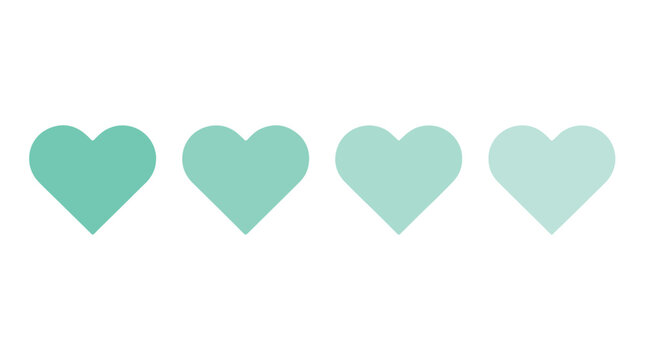 Minimalist mint green heart icons set, four flat vector heart shapes with soft pastel gradient, romantic health and wellness symbols for web design