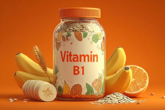 Vitamin B1 bottle with bananas, orange slice and oats, healthy concept