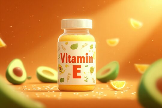 Vitamin E bottle surrounded by avocados and lemon slices