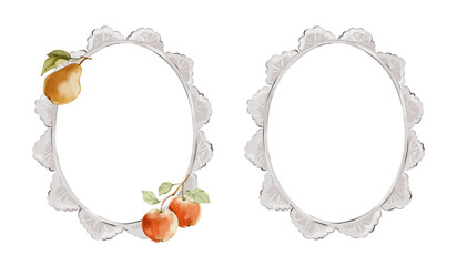 Watercolor lace oval frames with pear and apples isolated clipart set. Hand painted decorative borders for invitations, stationery, branding, greeting cards and farmhouse designs. © Eva Gentle