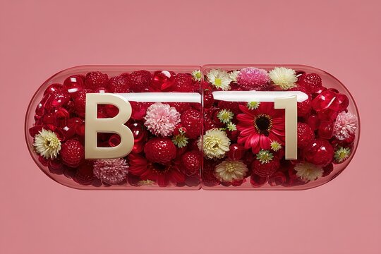 B1 capsule filled with berries and flowers, vibrant organic supplement concept