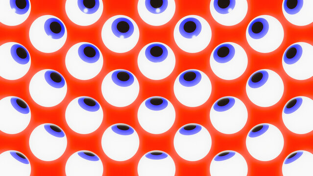 3D render of blue eyeball pattern on red background for surveillance