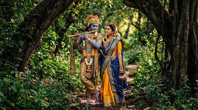 A Hindu deity and consort in lush forest greenery, symbolizing divine love, devotion, and spiritual harmony through their traditional attire and flute playing