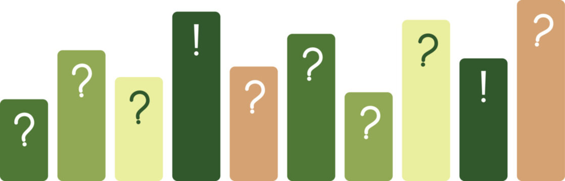 Bar graph with question mark and exclamation point symbols on white background representing data analysis