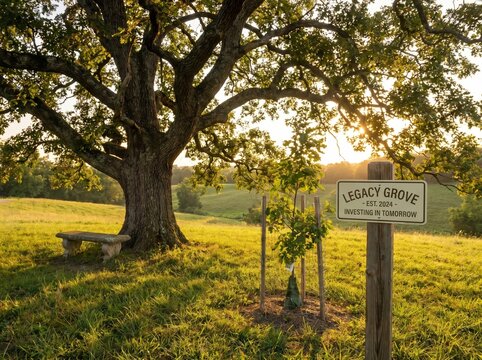 Mature oak tree in a sunlit meadow with legacy grove sign for rural landscape background and conservation poster design