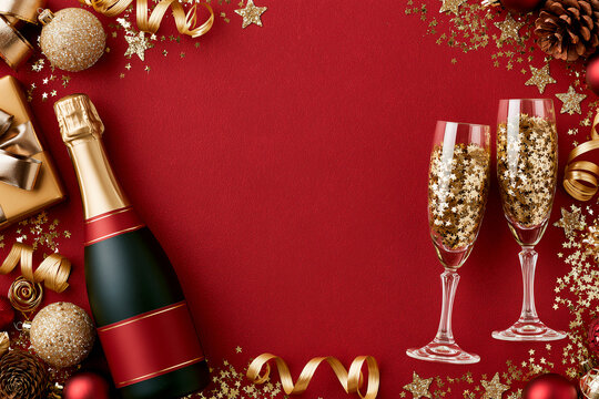 Luxury New Year Flat Lay with Champagne, Gold Gift Box and Festive Decorations on Deep Red Background