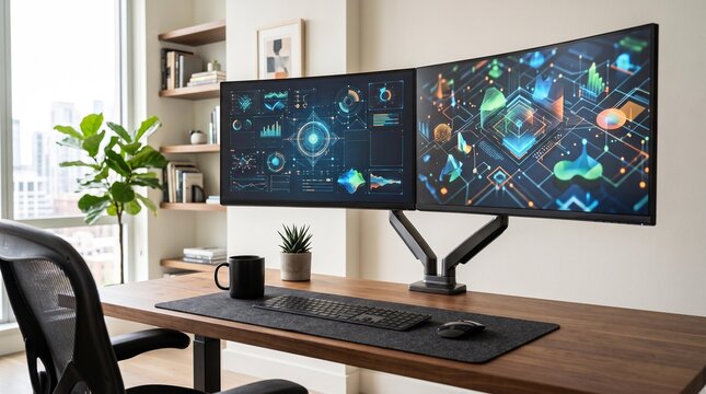 Modern Dual Monitor Workstation Setup with Space-Themed Wallpaper Display.