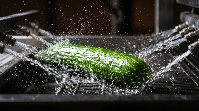 Fresh green cucumber being washed under high-pressure water jets in a commercial kitchen setting, droplets splashing around in a dynamic display of cleanliness