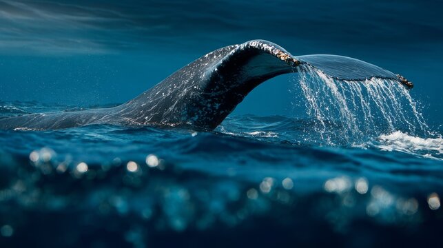 Close up of majestic whale tail fin diving into deep blue ocean water, powerful marine wildlife, graceful ocean mammal in natural sea environment, underwater nature and aquatic adventure concept