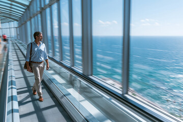 Obraz premium Professional on an escalator with sea-view windows, summer coastal business concept