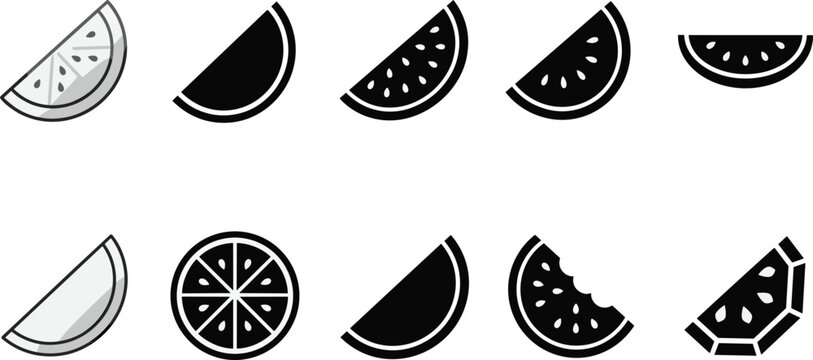 Minimalist watermelon icon vector set featuring black solid silhouettes, linear designs, round cross-sections, and bitten fruit slices isolated on white.