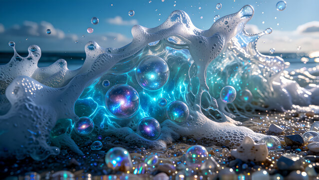 Abstract ocean wave crashing on the beach with glowing iridescent bubbles and sparkling water foam.