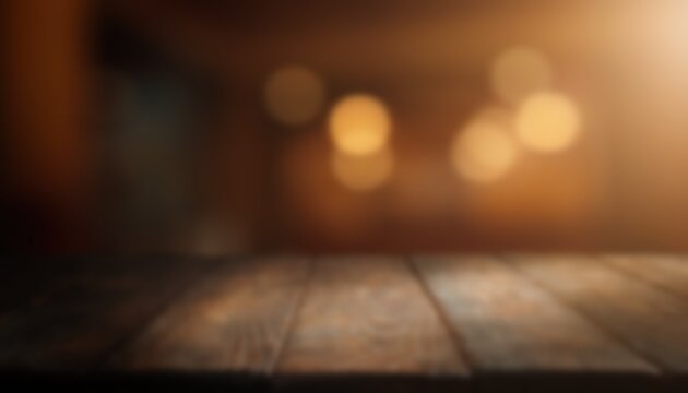 Rustic wooden table top with blurred warm background for product display.