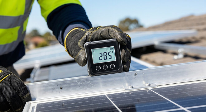 Solar Panel Installation Angle Measurement, A gloved worker precisely measures the angle of a solar panel on a rooftop using a digital inclinometer, ensuring optimal energy capture under a bright sky
