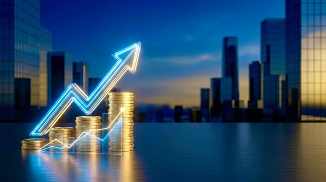 Golden coins stack beside glowing upward arrow