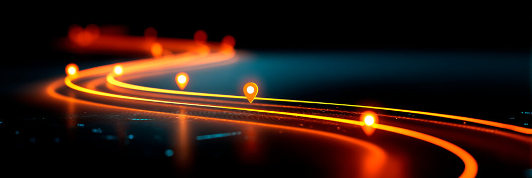 Glowing path with checkpoints representing a corporate business roadmap or project milestones, Planning job