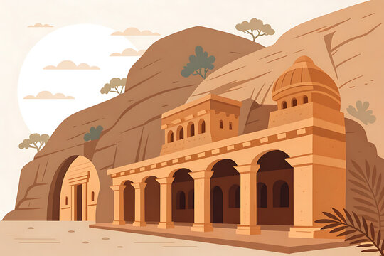 Ajanta Caves simple rock-cut shapes, warm earth tones, minimal shading, calm composition