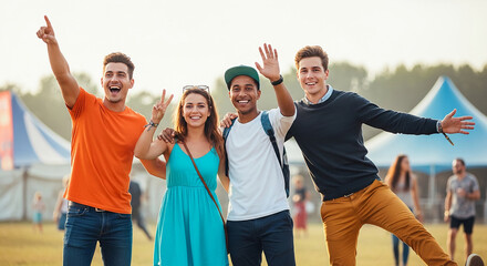 Obraz premium Four young adults posing joyfully outdoors at a festival or event, symbolizing celebration, friendship, and summer fun
