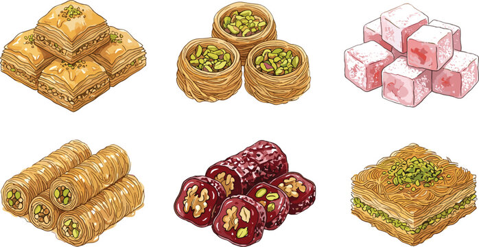 Traditional Turkish Delight and Baklava Dessert Icon Set Featuring Pistachio, Walnut, and Rose Flavored Oriental Sweets for Menu, Bakery, and Food Design