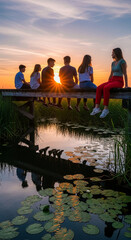 Fototapeta premium Teenagers sitting on a wooden pier at sunset over a tranquil pond, symbolizing youth, friendship, and serene summer evenings