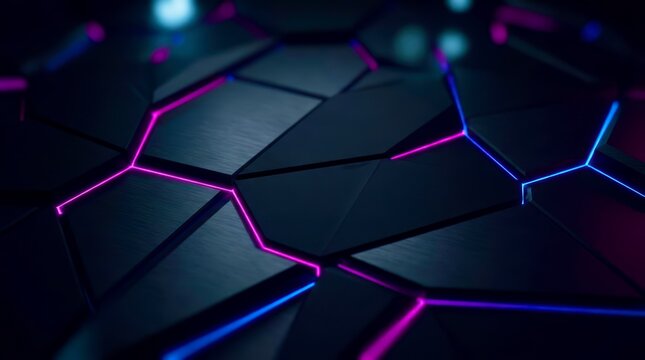 Dark hexagonal panels glow with neon purple and blue edges