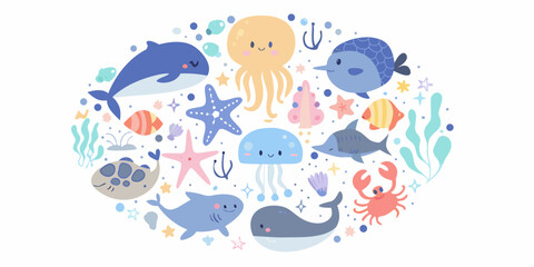 Ocean creatures illustration with whales jellyfish and starfish on white background © Milton
