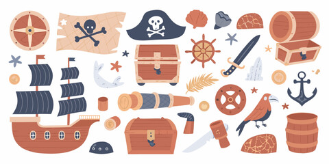 Pirate themed Illustration Set With Ship Treasure And Nautical Elements © Milton