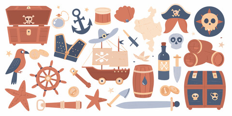Pirate Themed Illustration Set With Treasure Chests Ships And Nautical Elements © Milton