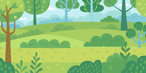Flat style forest landscape illustration with green and blue tones © Milton