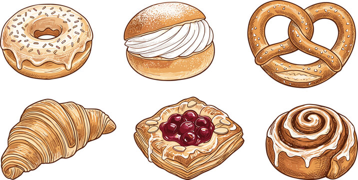 Hand Drawn Vintage Bakery Pastry Vector Set Featuring Glazed Donut, Cream Bun Semla, German Pretzel, Croissant, Cherry Danish, and Cinnamon Roll Illustrations