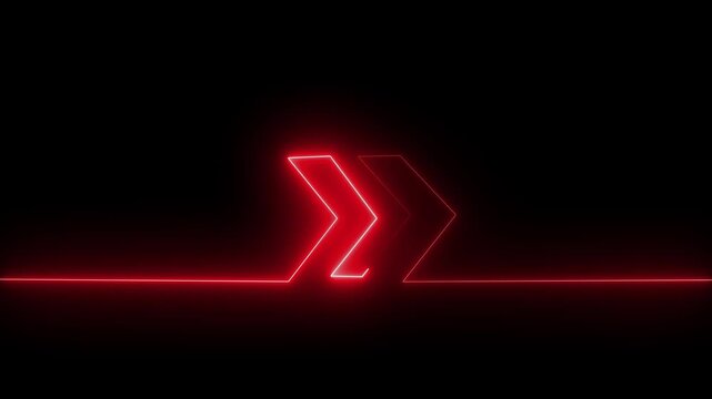 Glowing cyan neon right arrow icon animation with double arrow light effects on a dark black background.