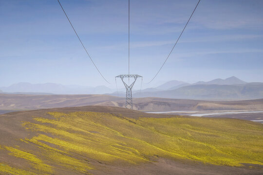 Solitary electricity pylon in the remote Icelandic highlands