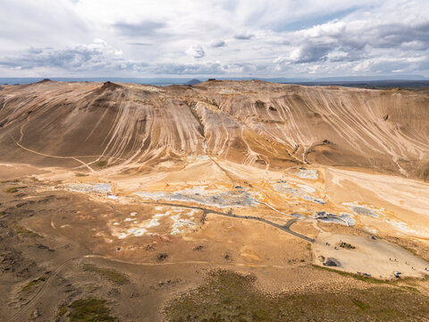 Aerial view reveals the volcanic landscape of Hverir in Iceland