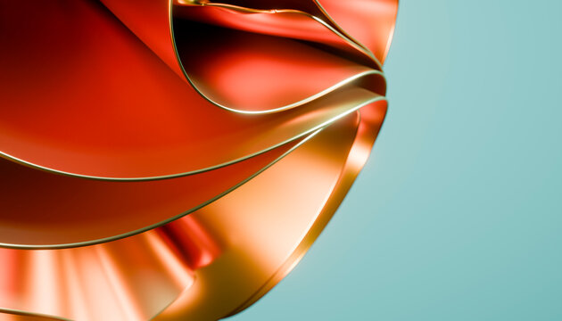 Abstract 3D folded orange ribbon with gold edges and copy space