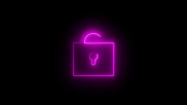 Glowing pink neon open lock icon animation for cybersecurity concept on a dark black background.