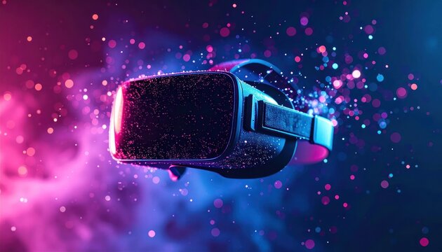 Futuristic Virtual Reality Headset Floating in Neon Digital Space