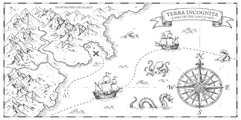 Vintage treasure map illustration with mountains, sailing ships, sea monsters and a compass rose design © ZenVectors