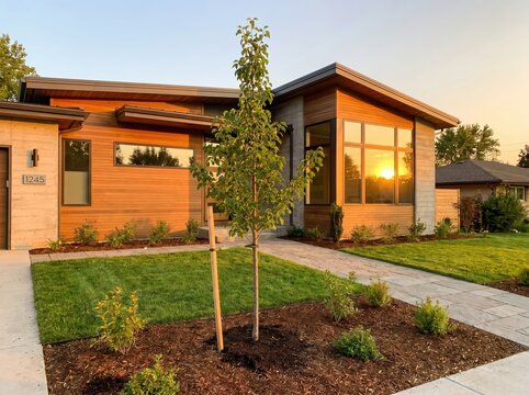 Young street tree newly planted in a suburban modern front yard at sunset for landscape design and curb appeal background