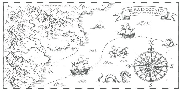 Vintage treasure map illustration with mountains, sailing ships, sea monsters and a compass rose design