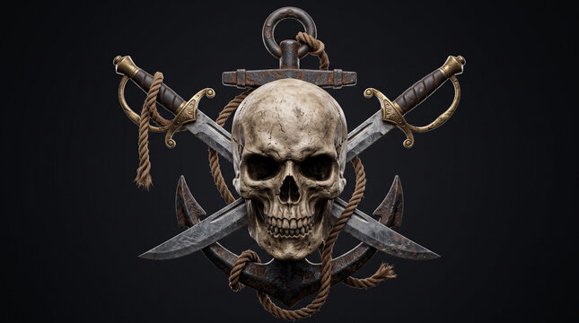 Detailed pirate insignia featuring a human skull, crossed sabers, and a rusted anchor against a dark background.